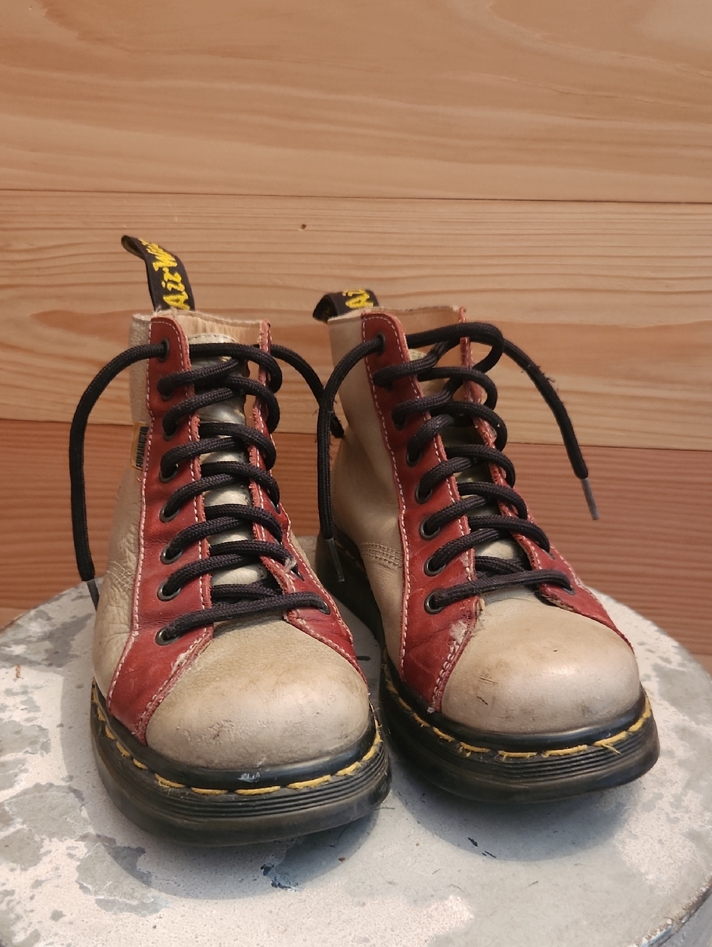 Vintage Dr. Martens Red and Beige Lace-Up Boots